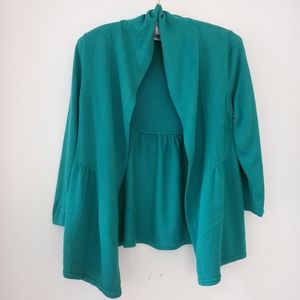 Design History green cardigan sweater, cotton blend, open front & peplum, size S